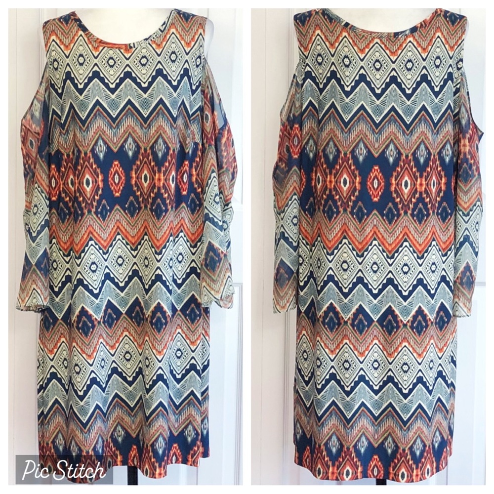 R&K Colorful Boho Chevron Tribal Print Cold Shoulder Dress 20W